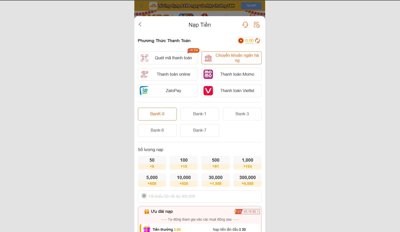 Hướng dẫn cách nạp tiền ax88 miễn phí và an toàn 2 Giao diện trang nạp tiền ax88 qua chuyển khoản ngân hàng
